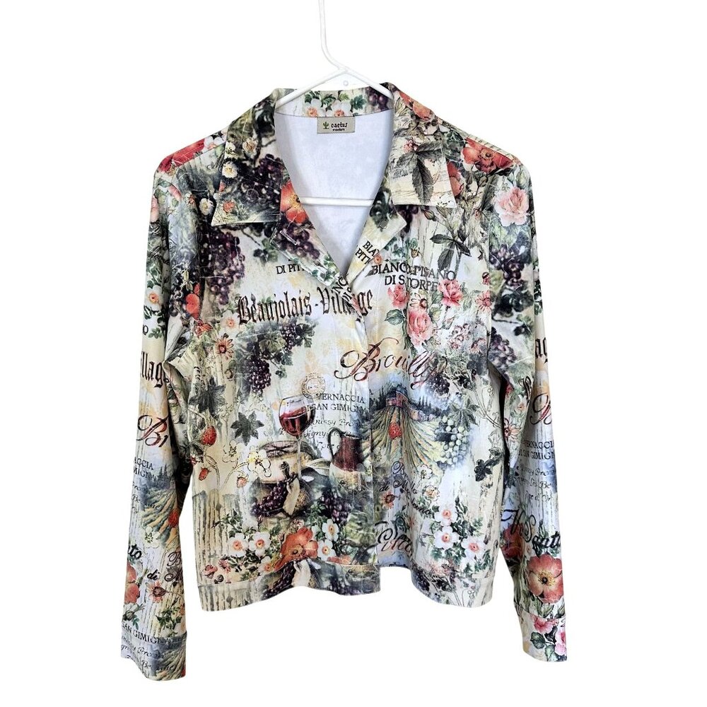 Cactus Womens Jacket Medium Floral Parisan Wine Botany USA Lightweight Button Up